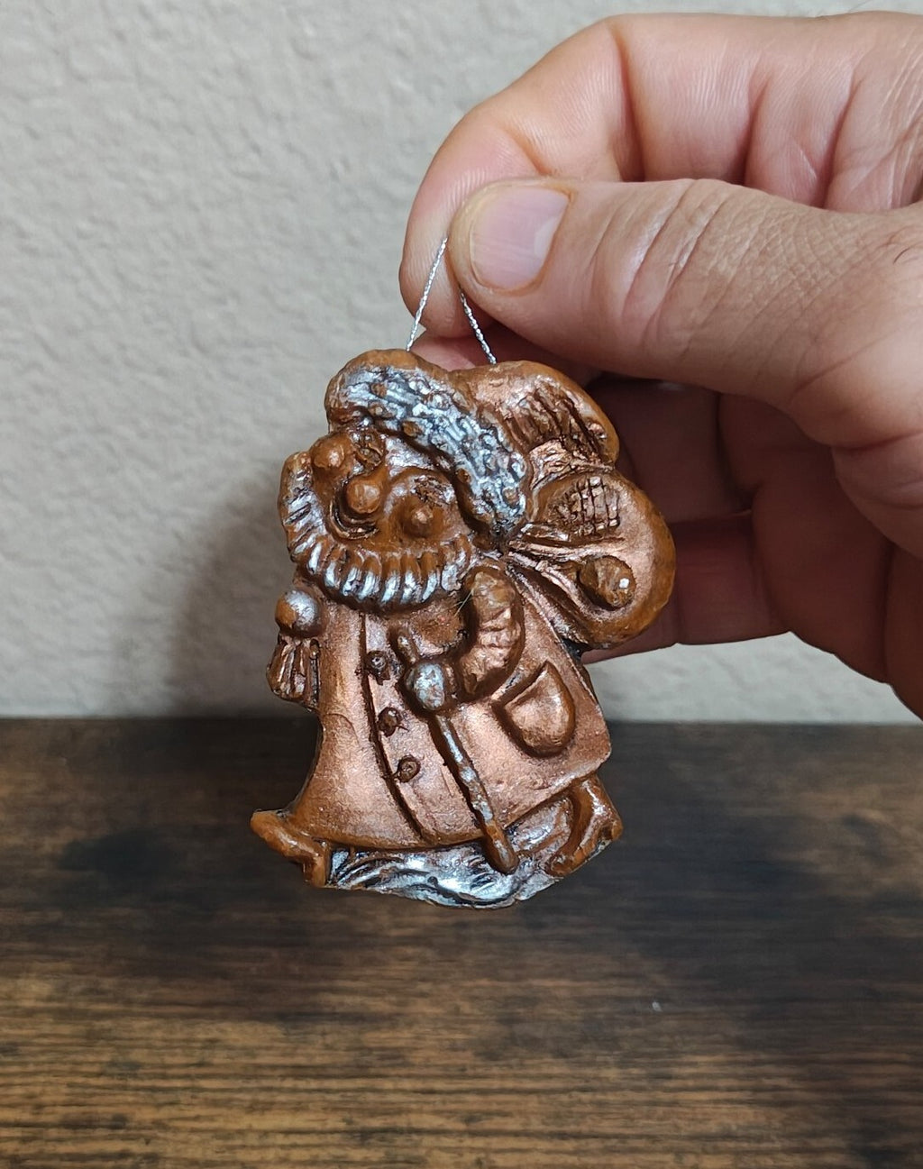 1980s Brown & Silver Molded Wax Santa Claus Christmas Ornament