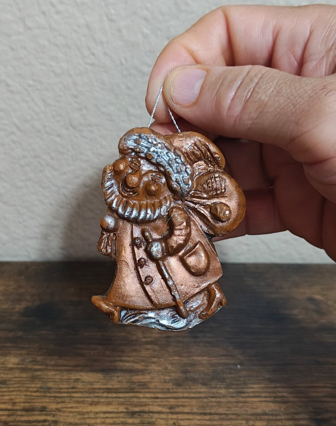 1980s Brown & Silver Molded Wax Santa Claus Christmas Ornament
