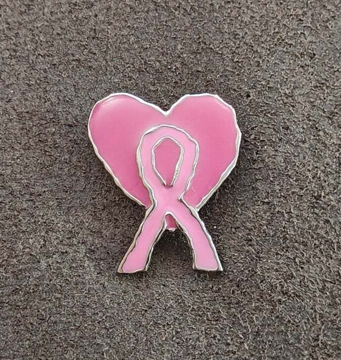 Pink Breast Cancer Awareness Ribbon Heart Silver Tone Enamel Pin