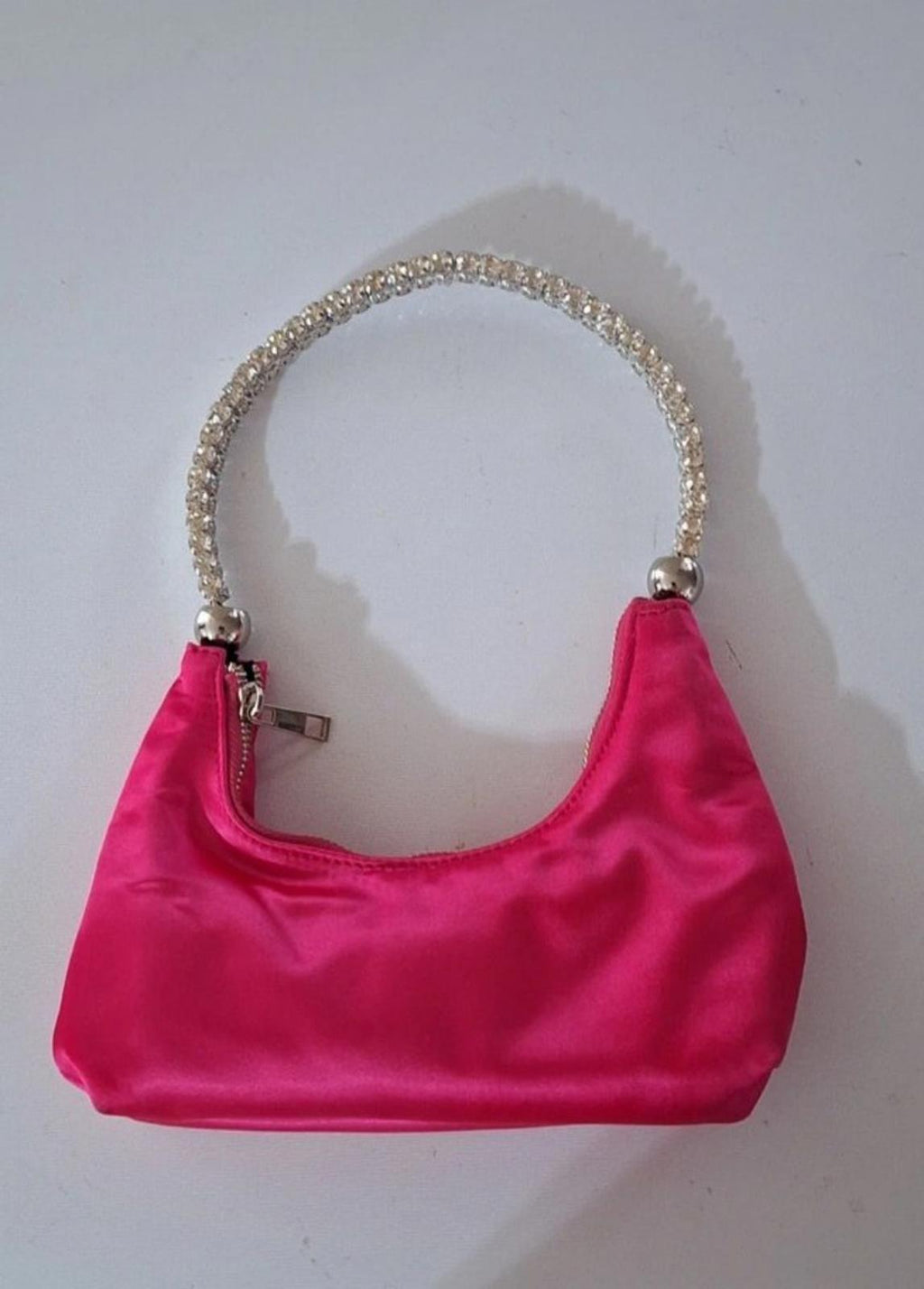 Pink satin mini hobo purse with jeweled handle and side zipper hardware
