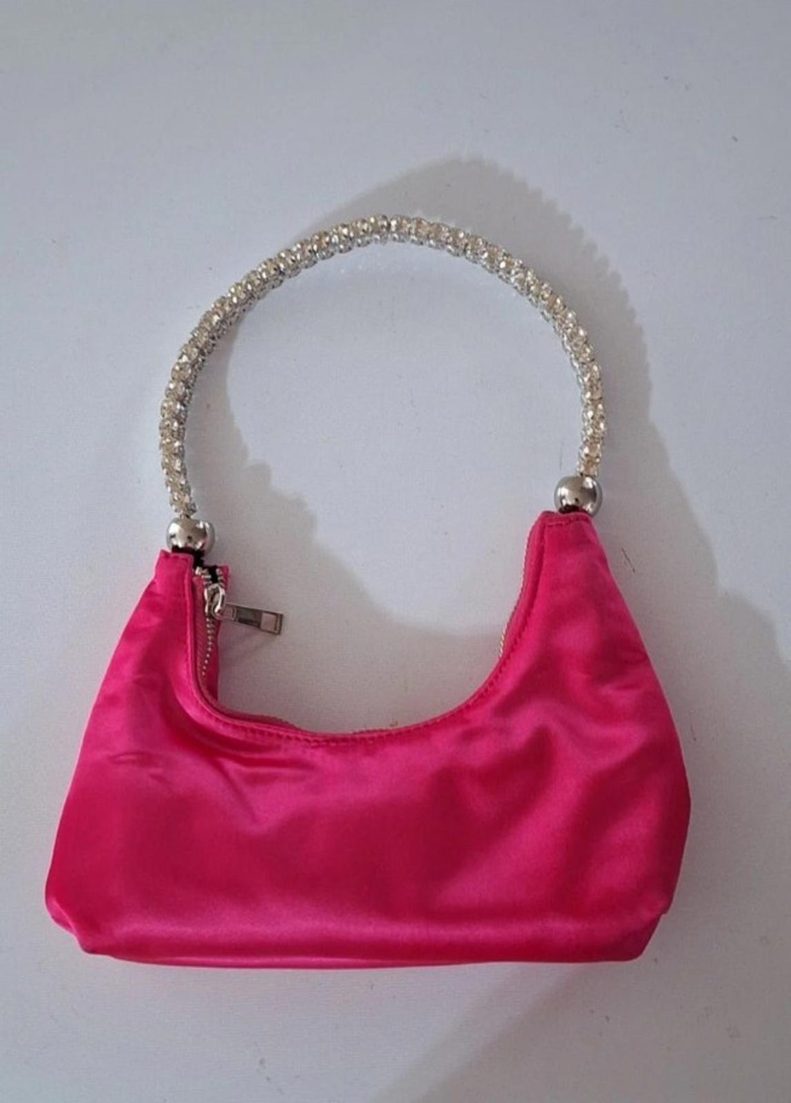 Pink satin mini hobo purse with jeweled handle and side zipper hardware