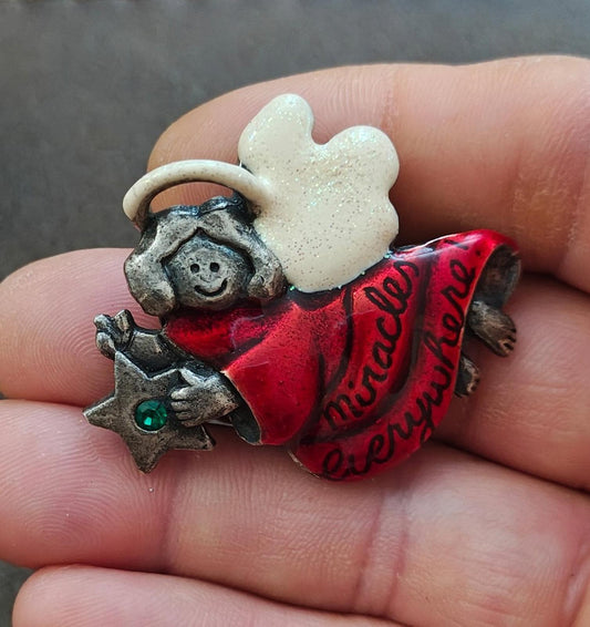 1980's Glittery Enamel Angel with Rhinestone Brooch