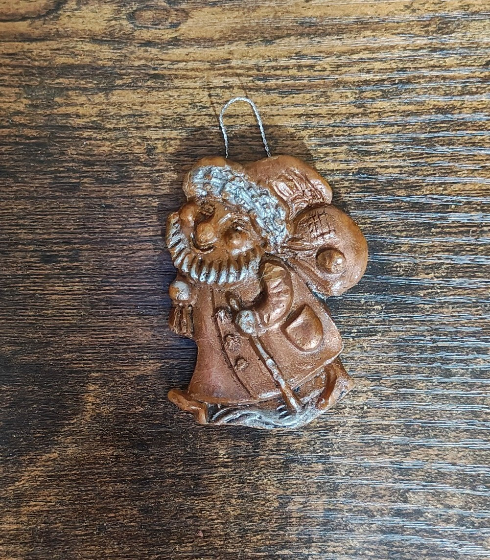 1980s Brown & Silver Molded Wax Santa Claus Christmas Ornament