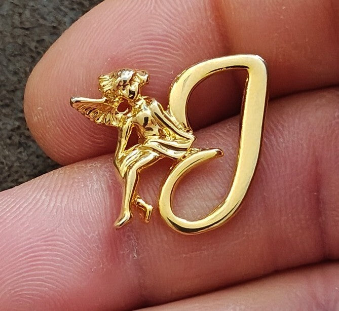 1980s Gold Tone Monogram Initial J & Guardian Angel Brooch Pin - photo 9