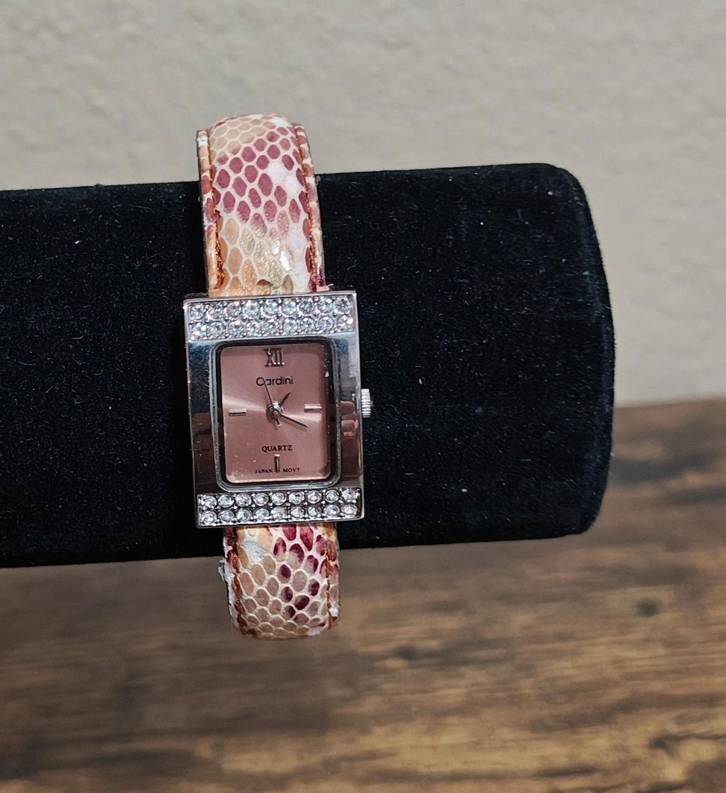 1980s Vintage Cardini Square Bezel With Rhinestones Pink Dial Ladies Cuff Watch