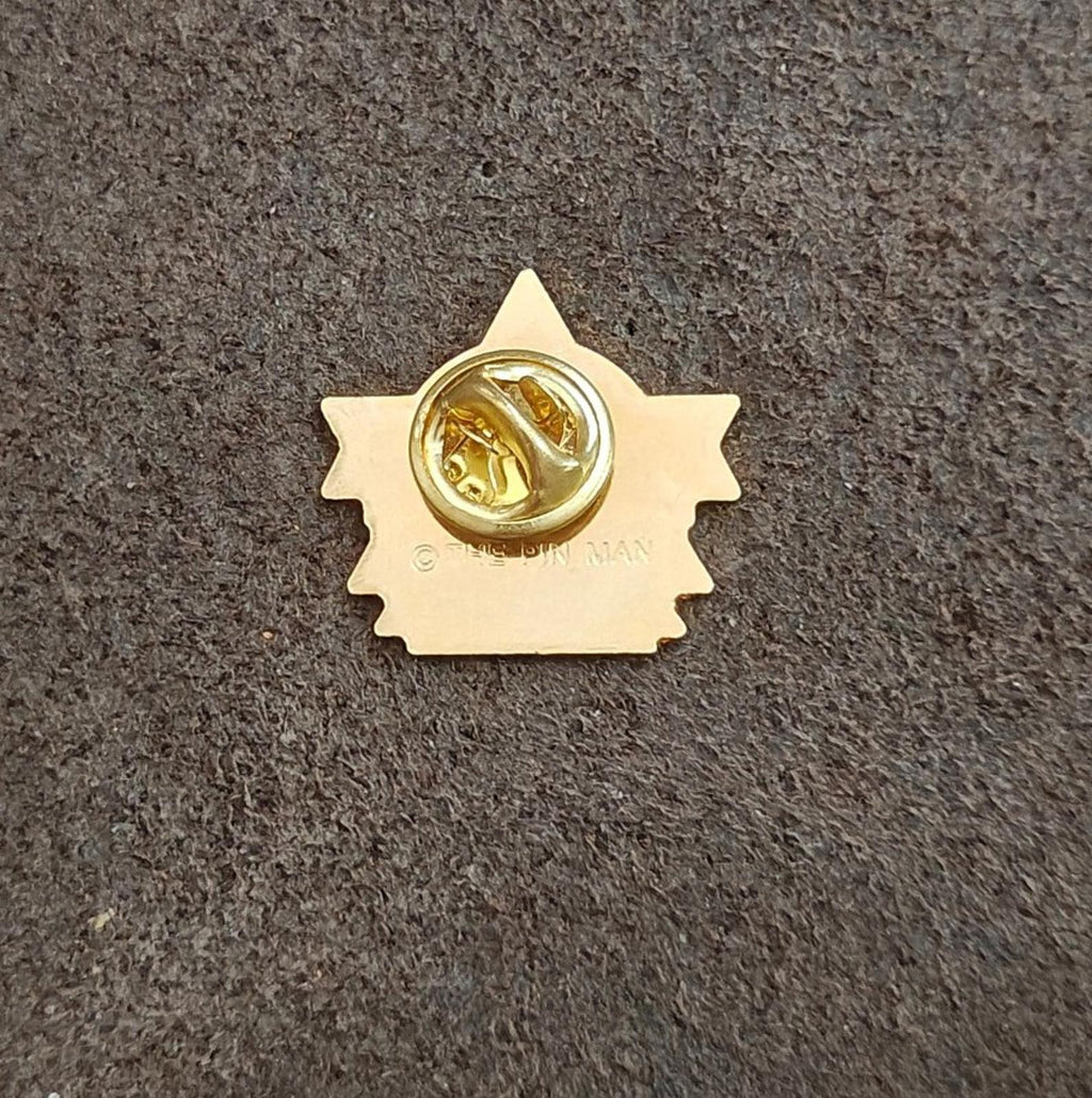 Gold-tone teacher pin back with round locking clasp on gray surface