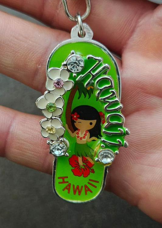Hawaii Island Green Flower Sandal With Sparkling Rhinestones Bling Keychain