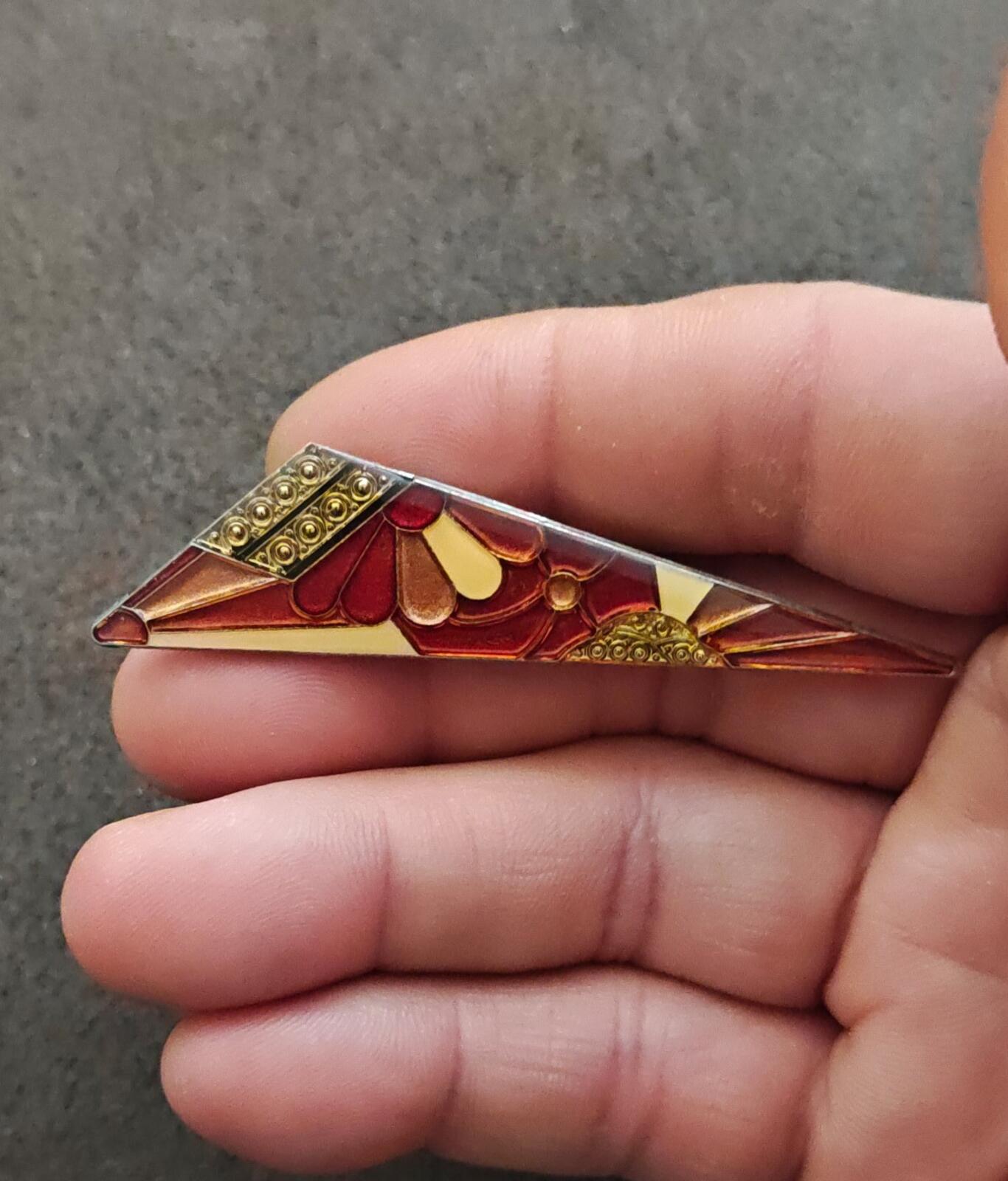 1970s/80s Art Deco Revival Geometric Pierre Bex French Enamel Silver Tone Brooch