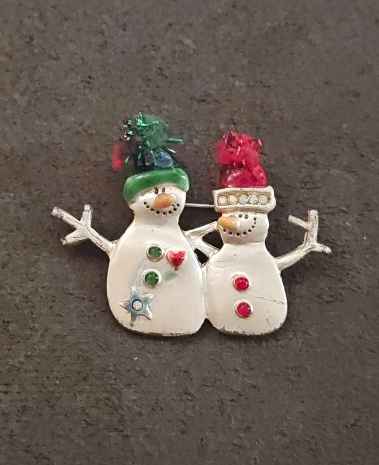 1980s Silver Tone With iridescent Rhinestones Two Snowman Enamel Brooch
