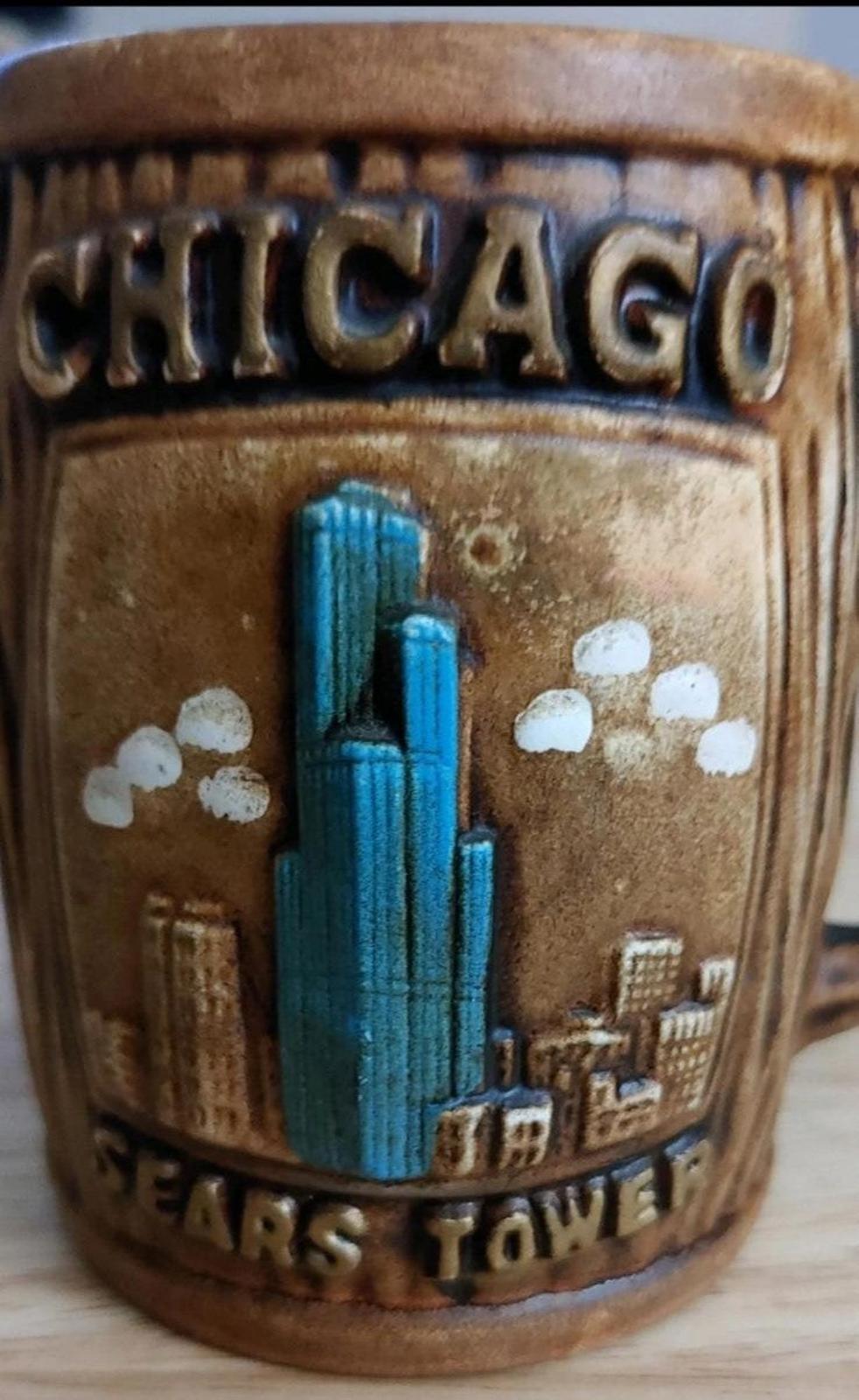 1970's Chicago Sears Tower Embossed Wood Design Souvenir Coffee Mug