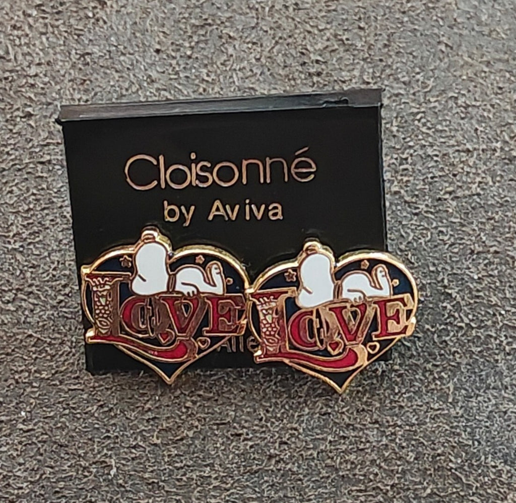 1970s Peanuts Snoopy "LOVE" Gold Tone Cloisonné Enamel Stud Earrings New