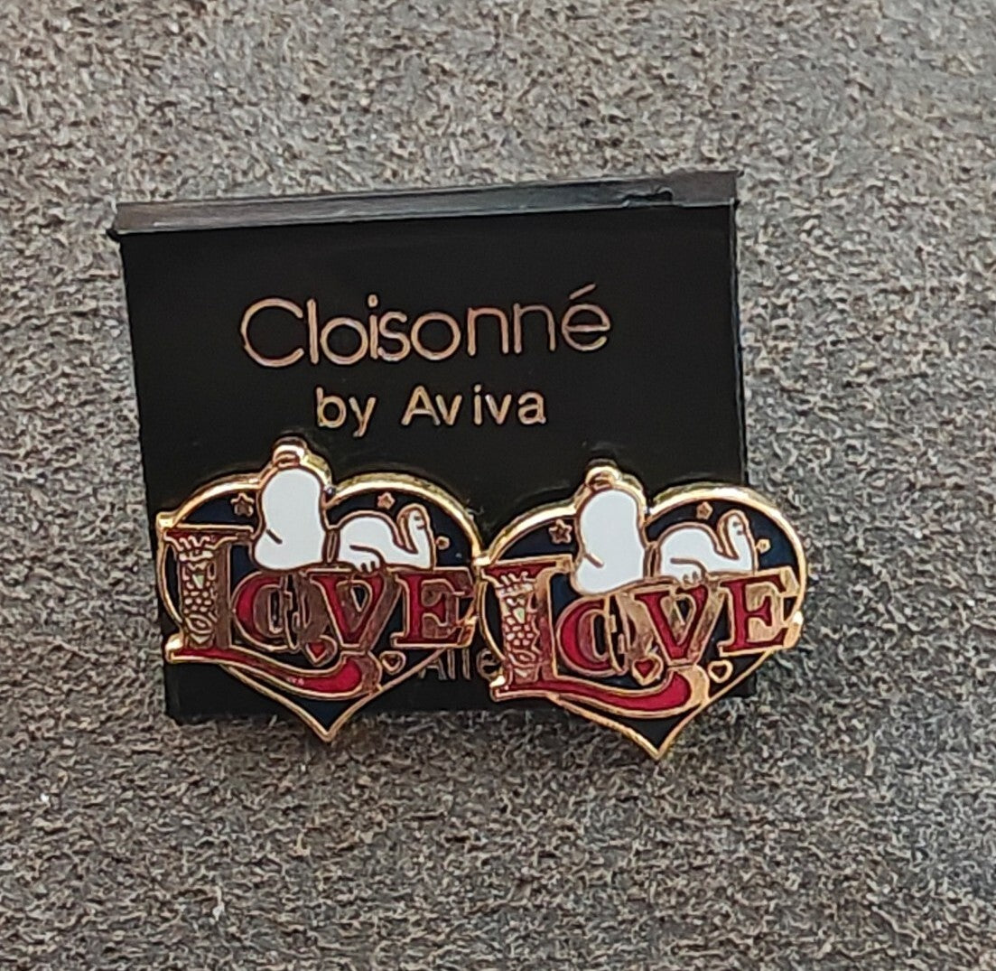 1970s Peanuts Snoopy "LOVE" Gold Tone Cloisonné Enamel Stud Earrings New