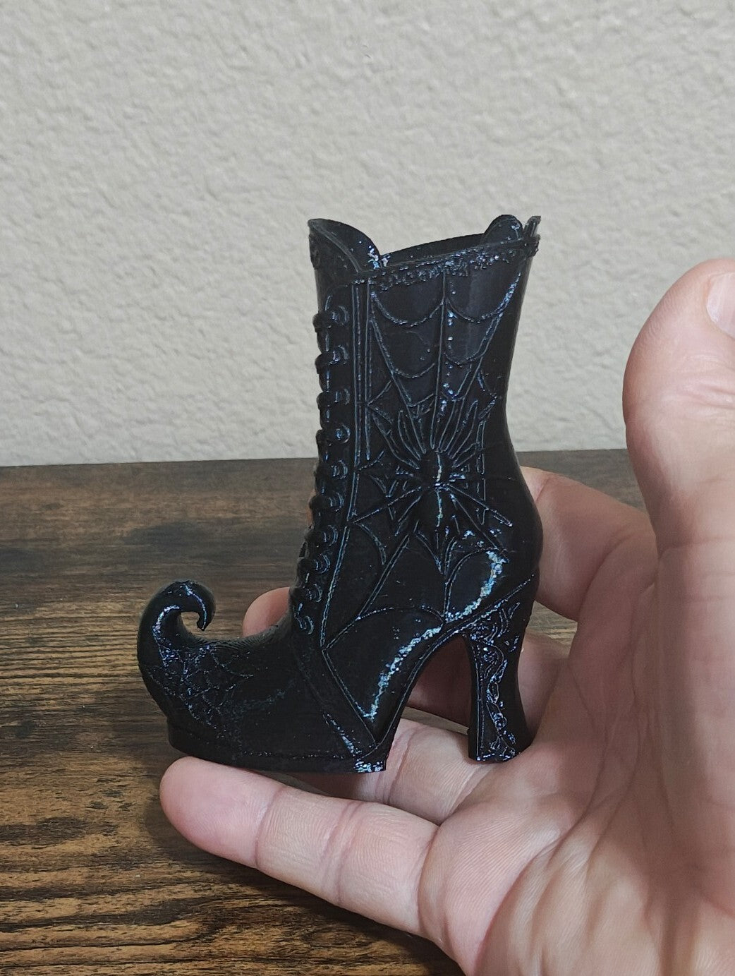 3D Printed Black Gothic Curled Toe Spider Web Witch Boot Small Vase/Holder