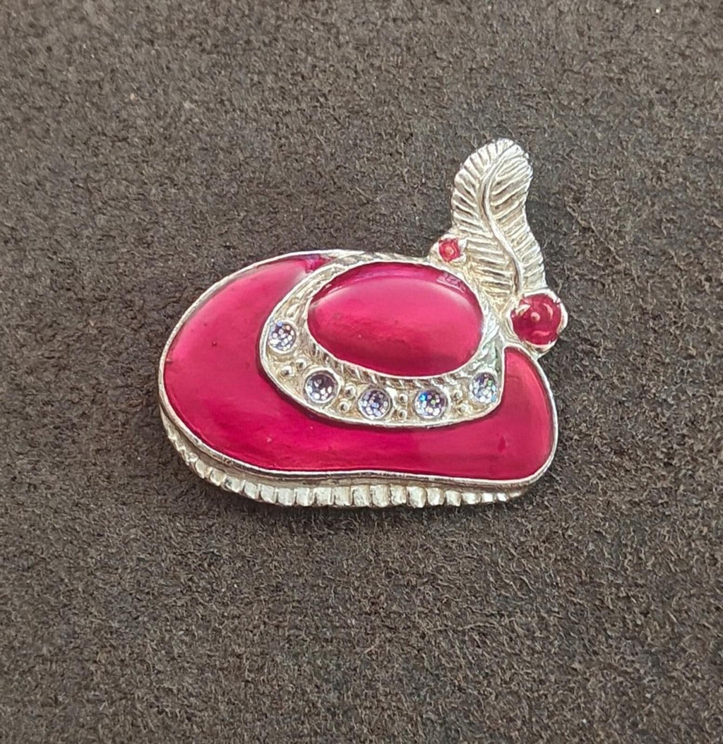 Red enamel heart brooch with silver-tone leaf, red beads, and rhinestone trim