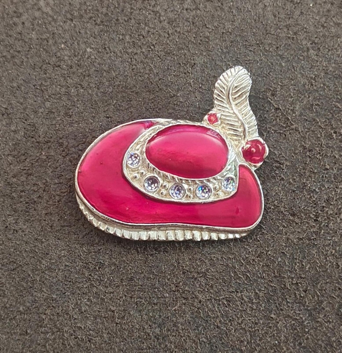 1990s Red Hat Society Silver Tone With Red Enamel & Glitter Accents Brooch