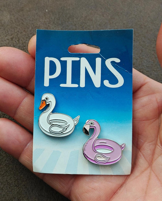 Colorful Set Of 1 White Swan Pin and 1 Pink Flamingo Silver Tone Pins New