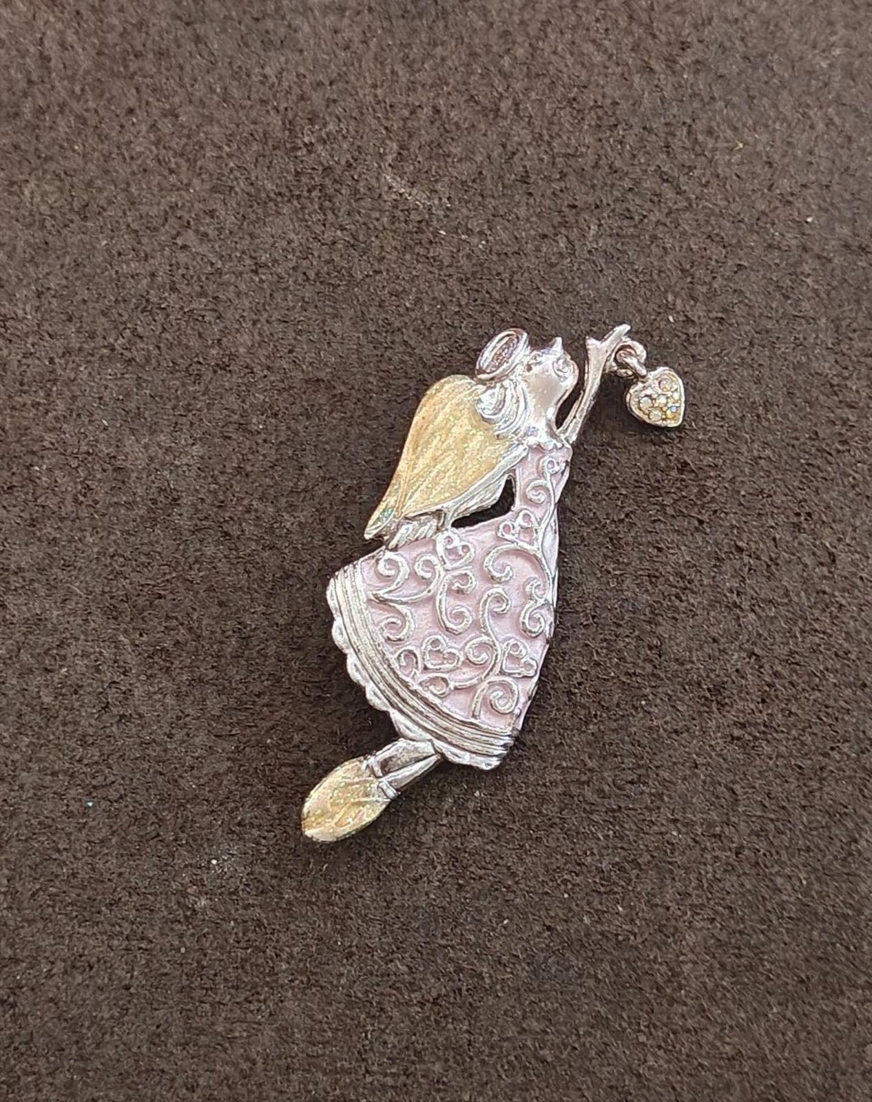 1980s Vintage Signed AAI Silver Tone Enamel Angel Brooch Pin