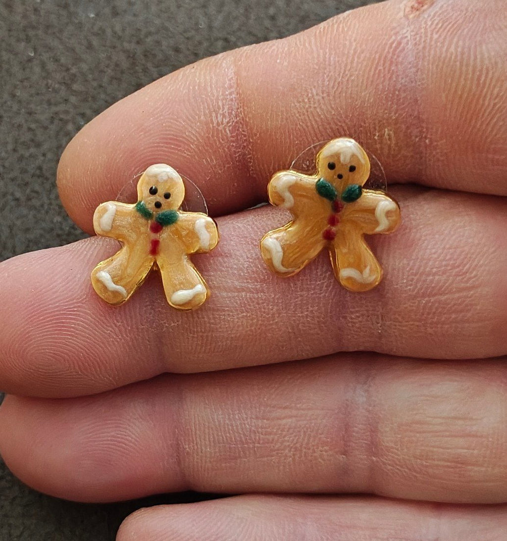 Handpainted Gingerbread Man Gold Tone Stud Earrings