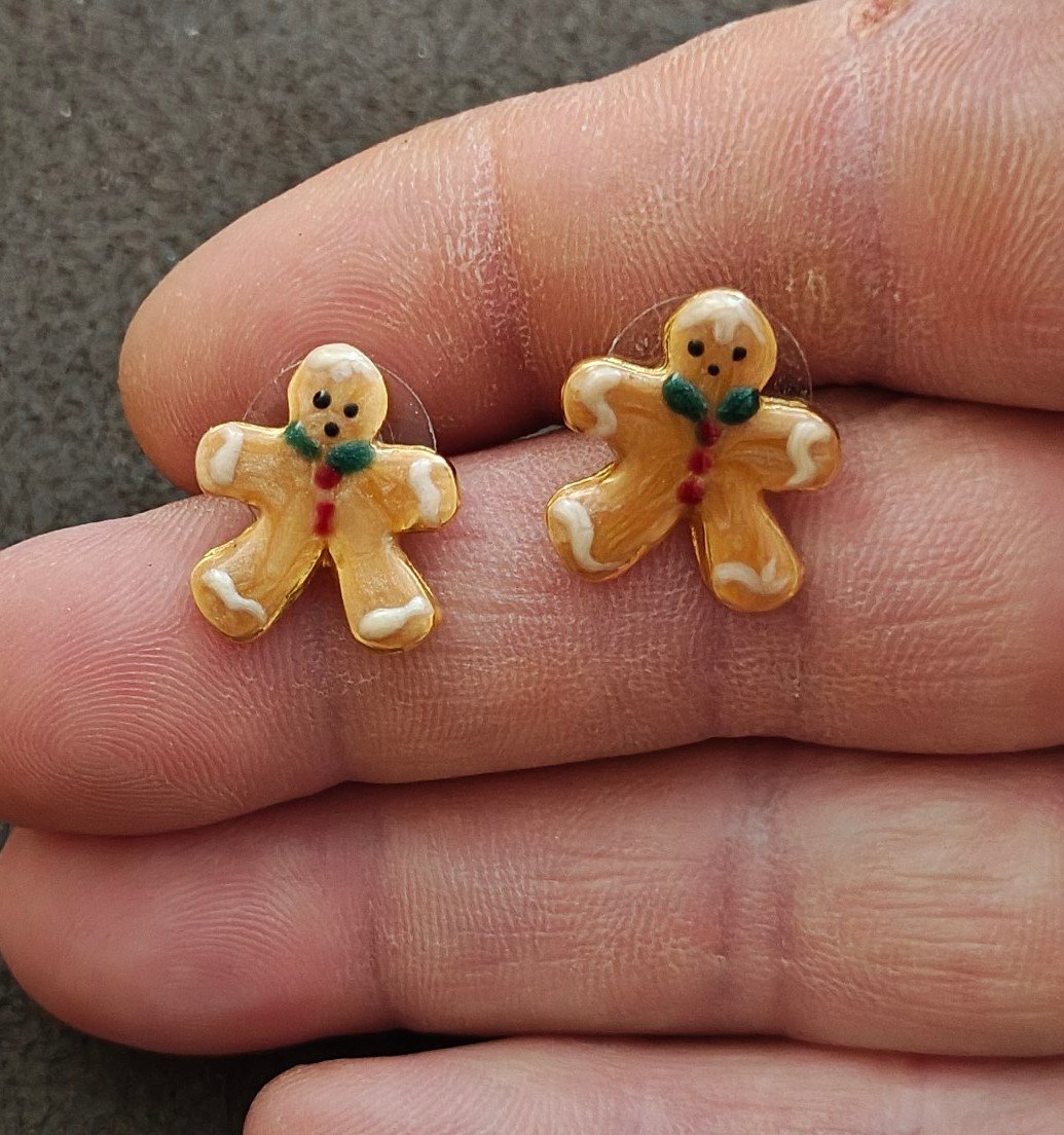Handpainted Gingerbread Man Gold Tone Stud Earrings
