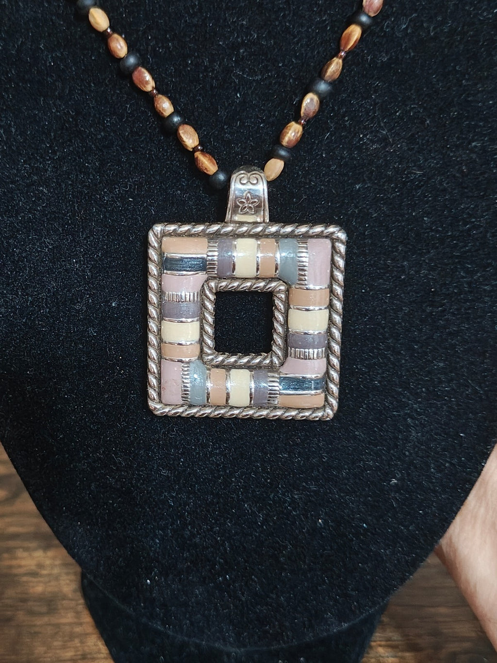 Retired Brighton "Cabana" Square  Pendant Necklace With Custom Beaded Strand