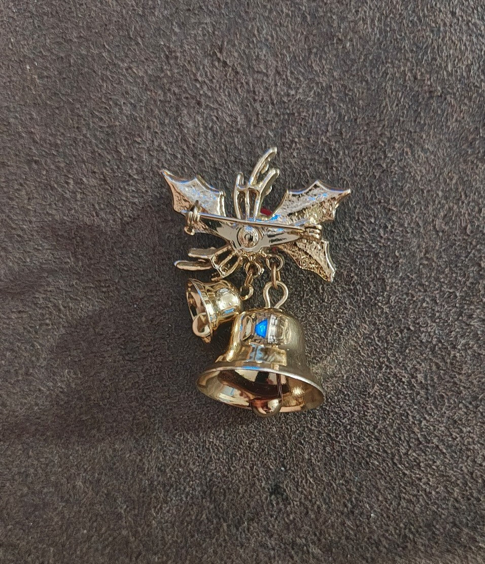 1980s Christmas Holly & Jingle Bells Gold Tone Enamel Brooch Pin