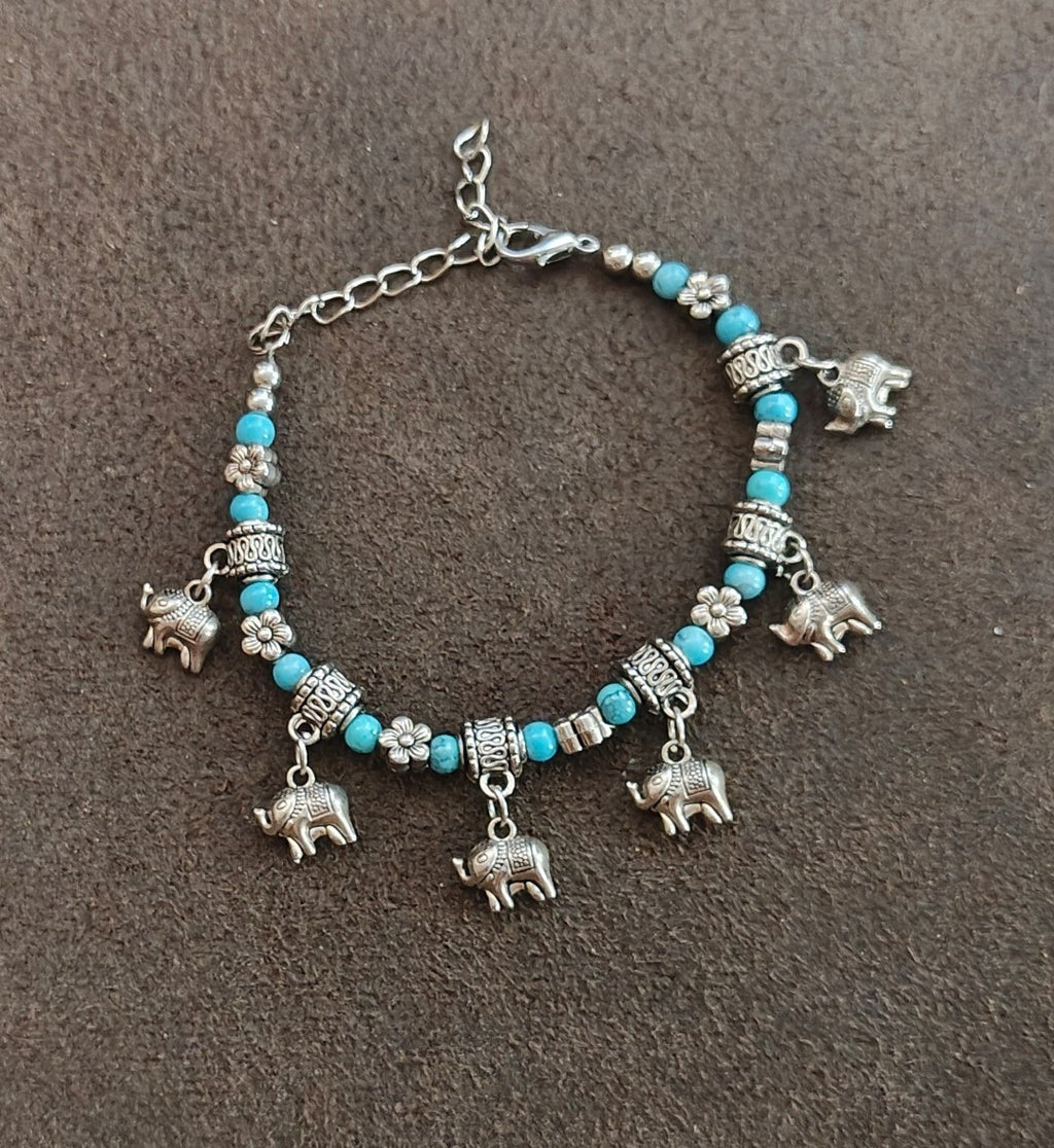 Bohemian Style Turquoise Beaded Elephant Charm Bracelet