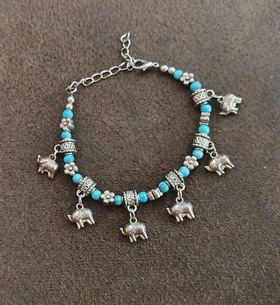 Bohemian Style Turquoise Beaded Elephant Charm Bracelet