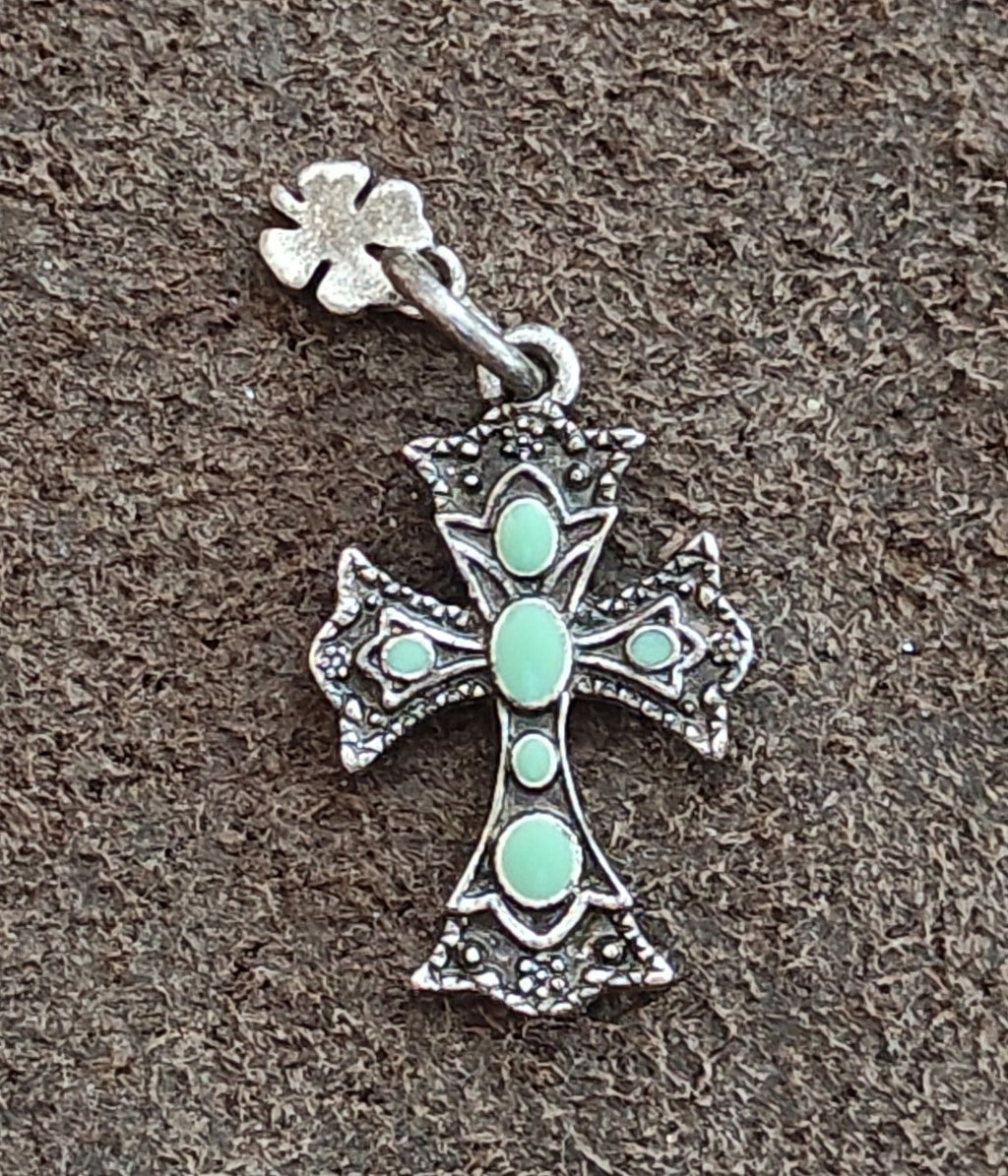 1990s Lucky Brand Antiqued Silver With Faux Turquoise Southwestern Cross Pendant