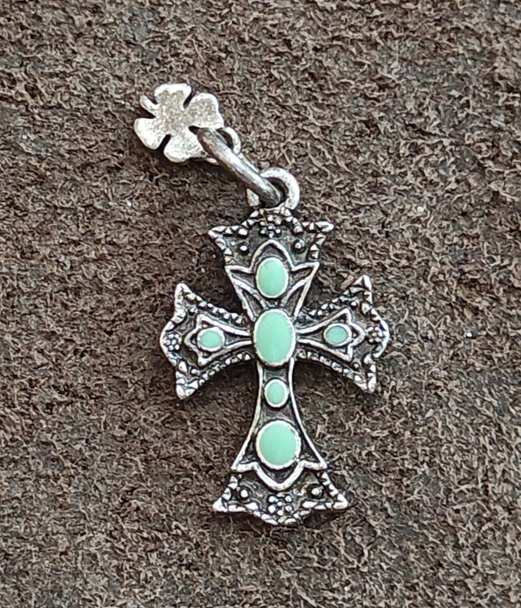 1990s Lucky Brand Antiqued Silver With Faux Turquoise Southwestern Cross Pendant