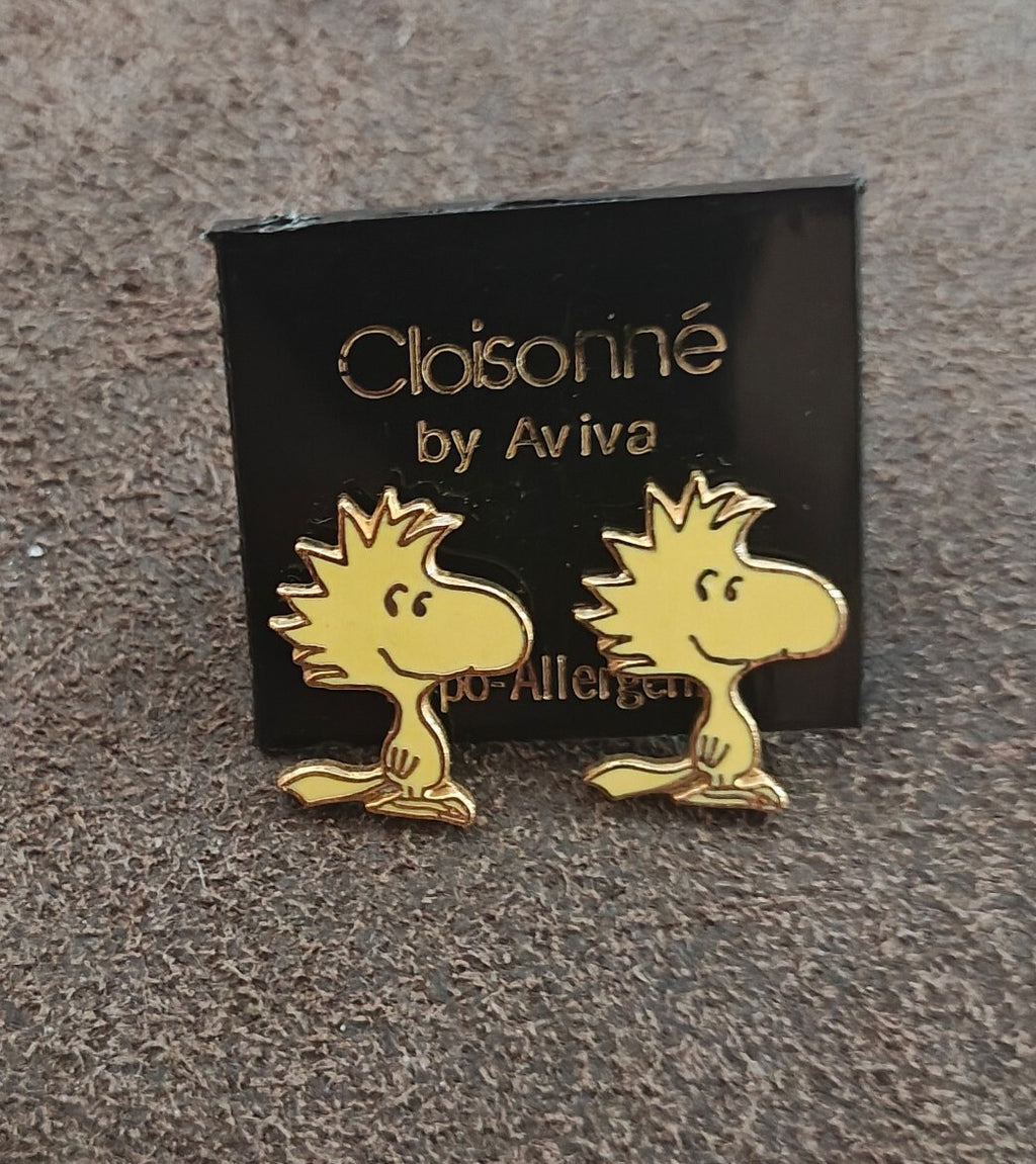 1970s Peanuts Woodstock Gold Tone Cloisonné Enamel Stud Earrings New