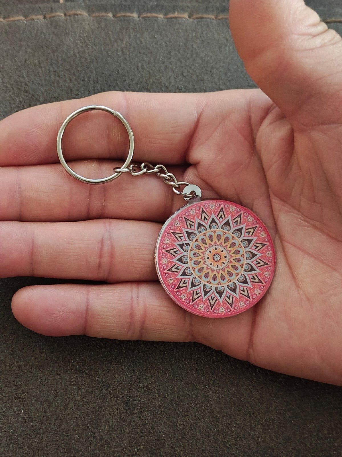 Silver Tone Pink Bohemian Mandala Art Keychain