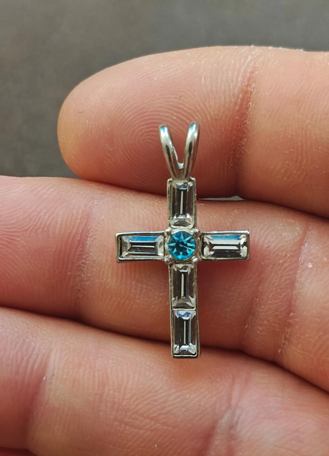1990s Silver Tone With Clear and Blue Rhinestones Cross Pendant