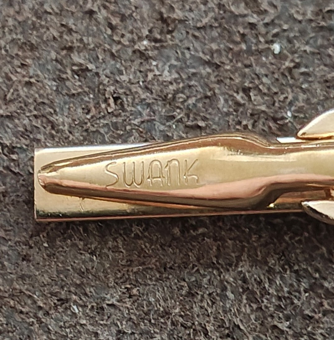 1950s/60s Swank Gold Tone Bark Textured Tie Bar Clip & Black Baguette Stone