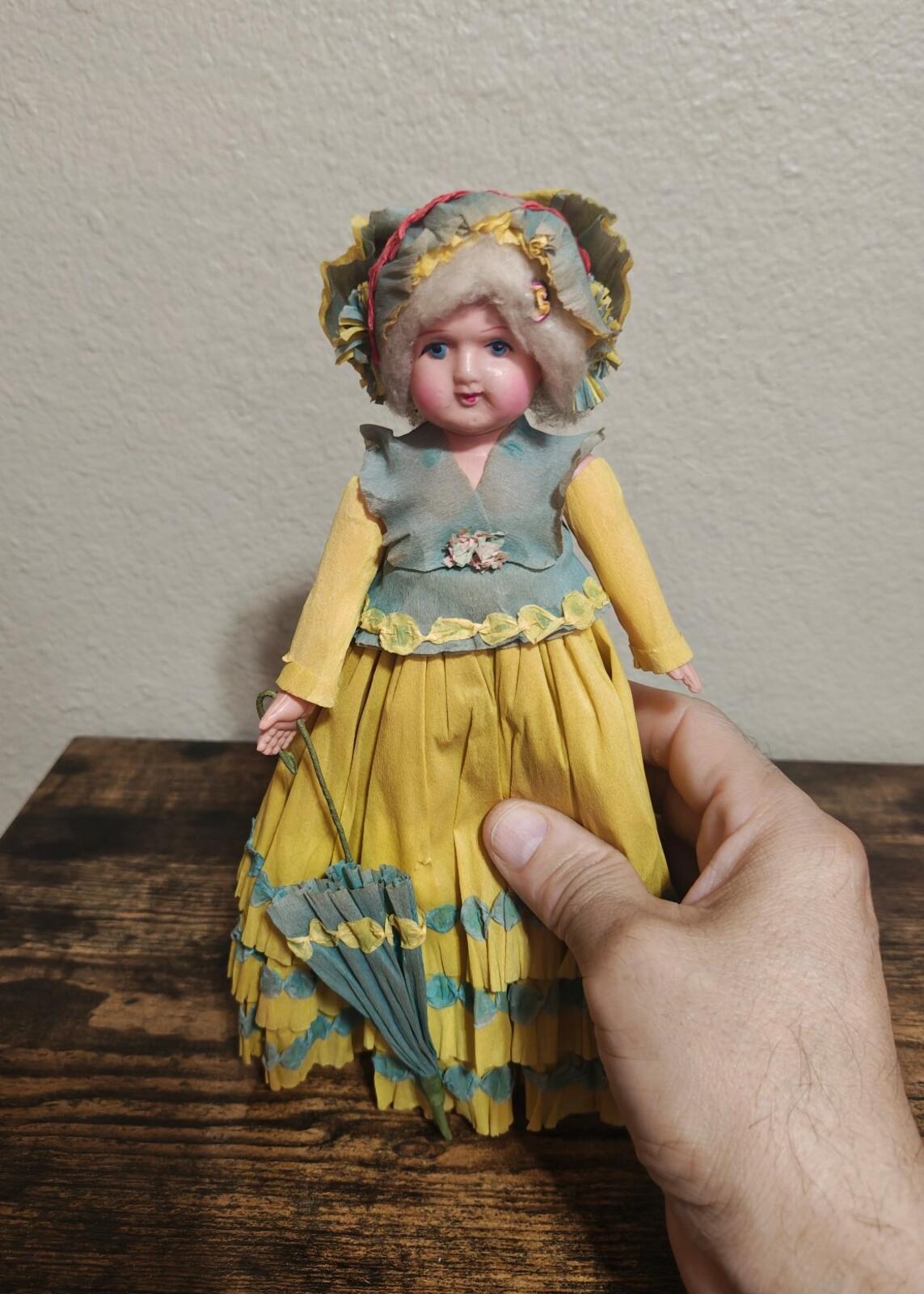 1930s/40s Rare Handcrafted Crepe Paper Doll With Plastic/Celluloid Face & Body