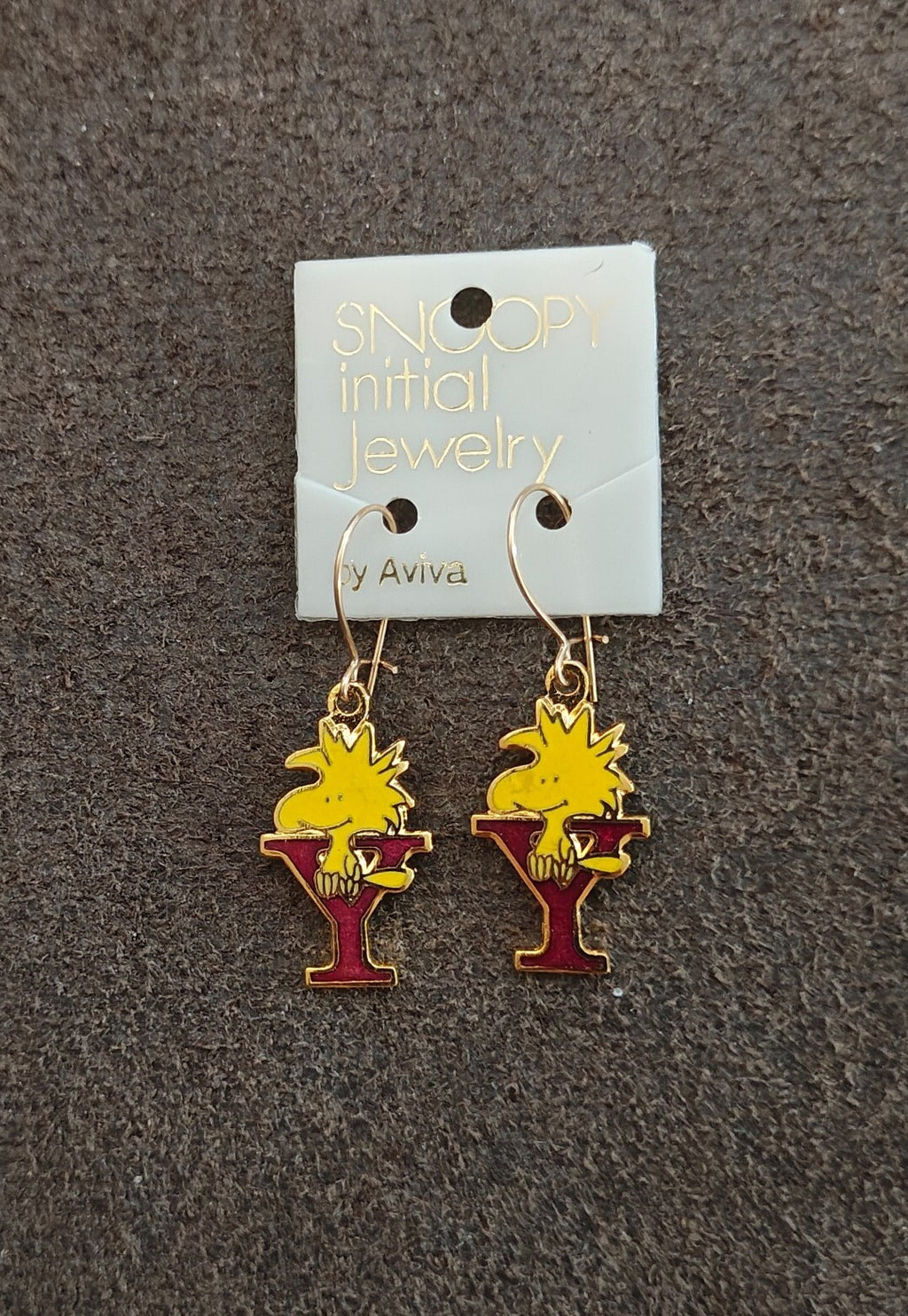 70s Peanuts Woodstock Initial "Y" Gold Tone Cloisonné Enamel Dangle Earrings New