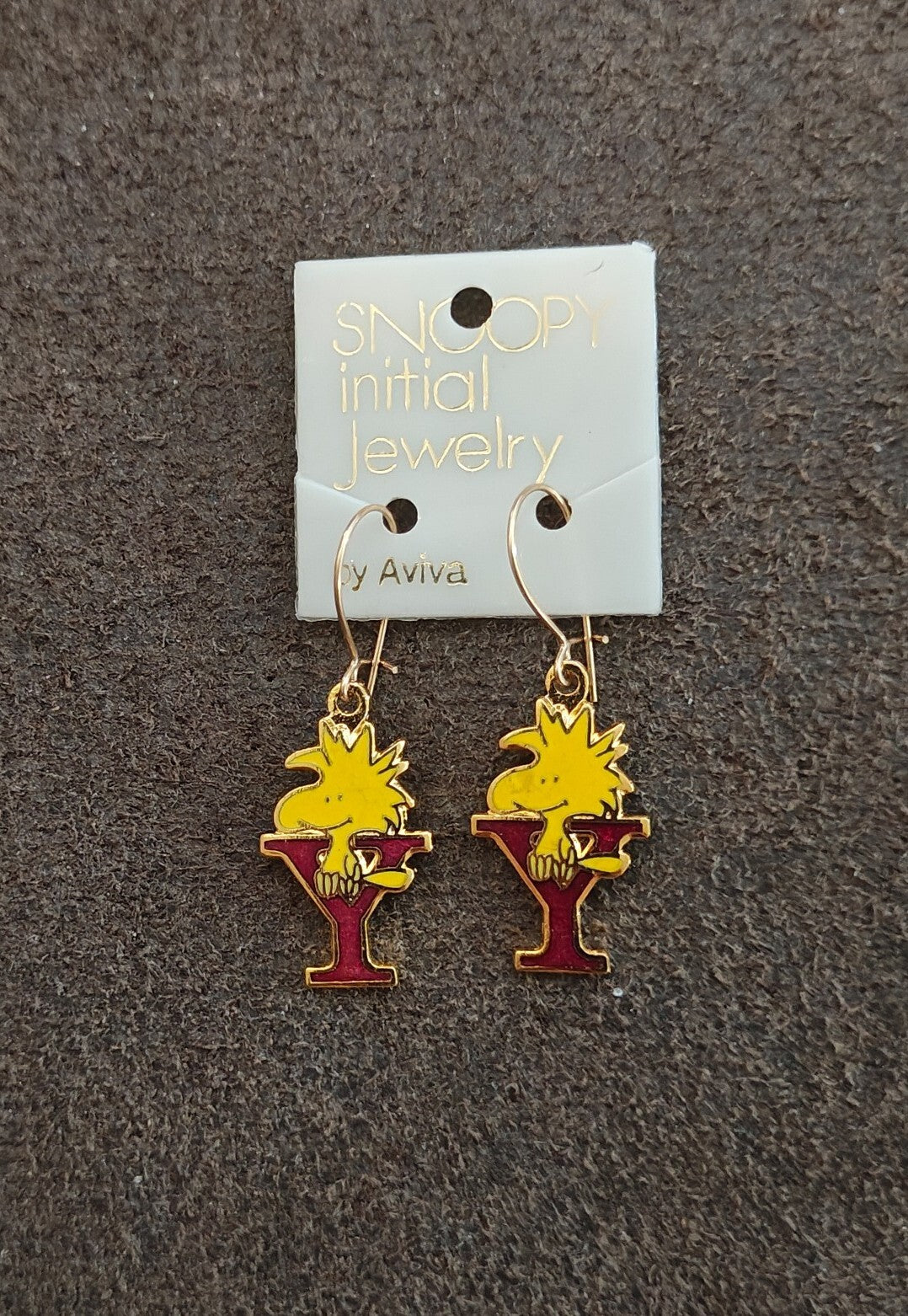 70s Peanuts Woodstock Initial "Y" Gold Tone Cloisonné Enamel Dangle Earrings New