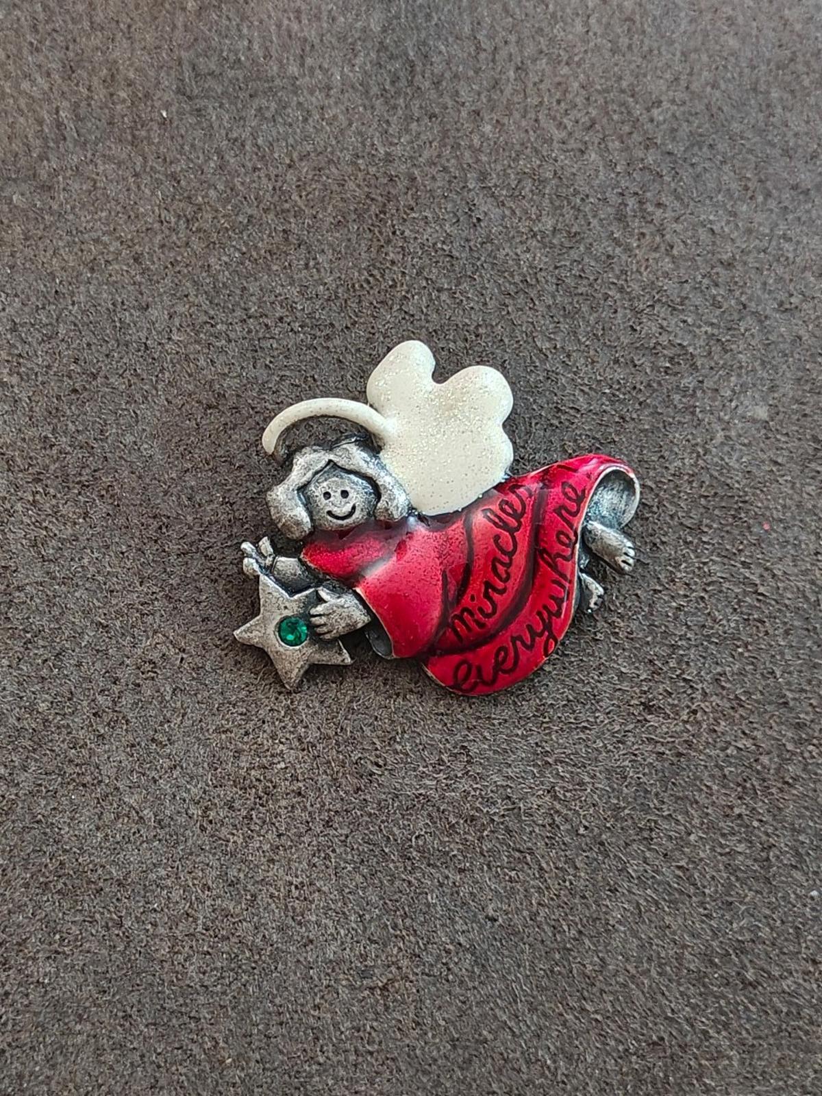 1980's Glittery Enamel Angel with Rhinestone Brooch