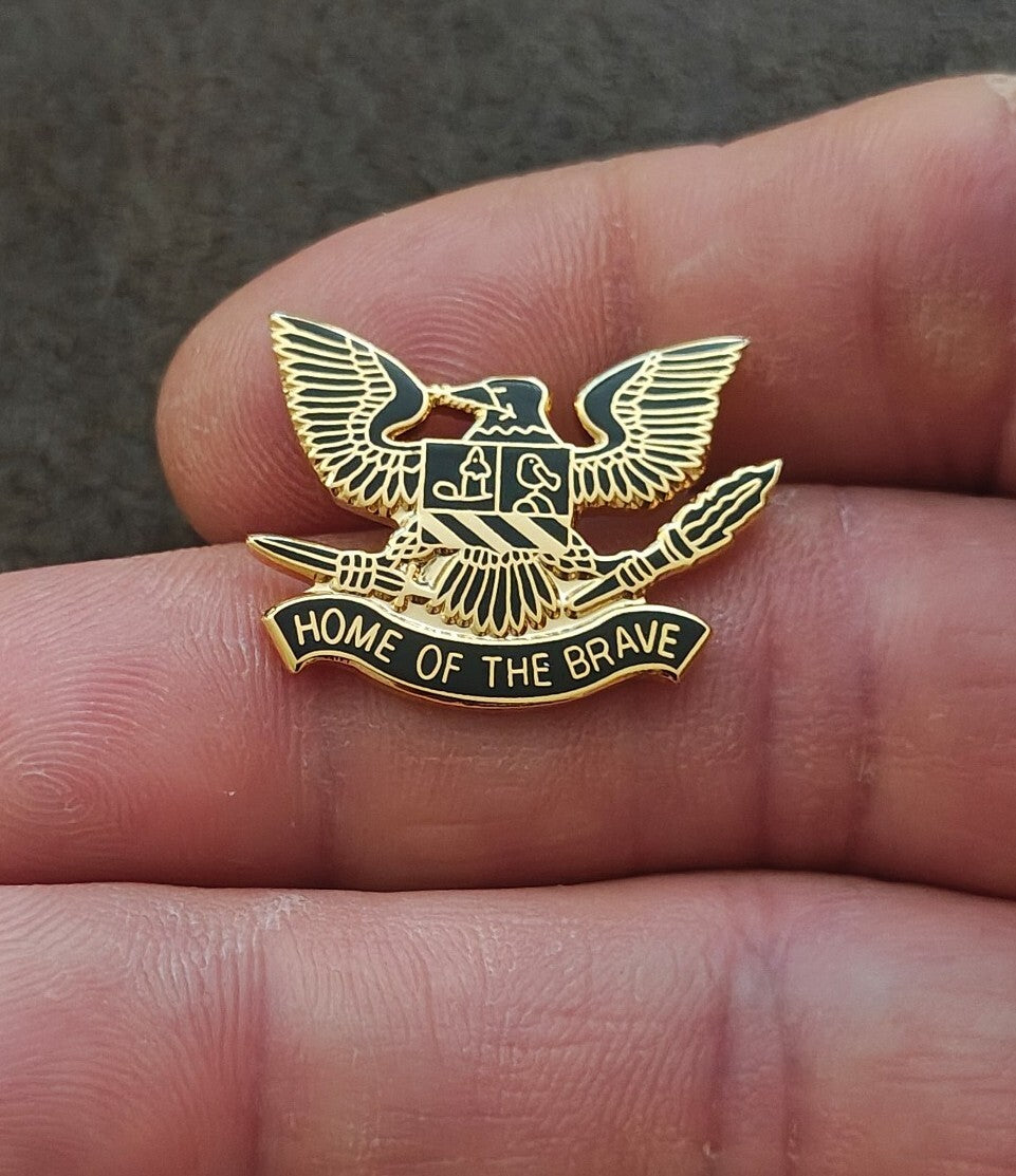 80s Patriotic Bald Eagle Heraldic Shield Home of the Brave Gold Tone Enamel Pin