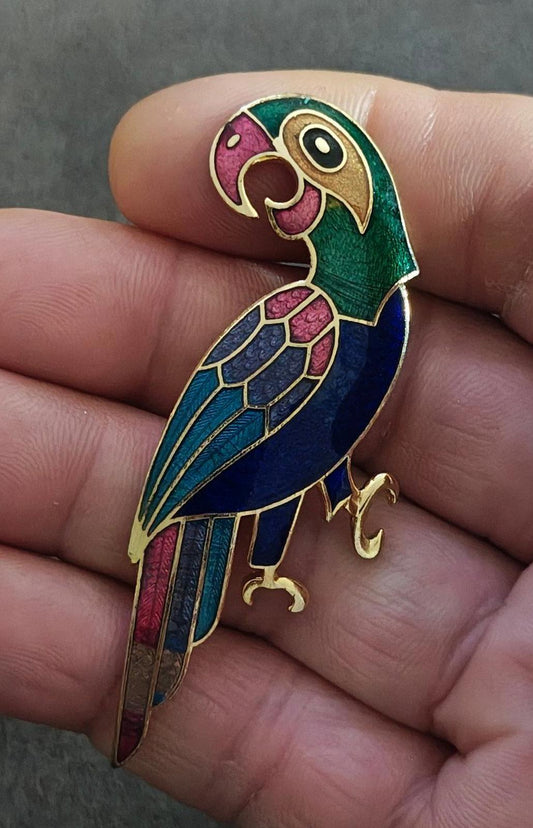 1980s Vintage Gold Tone Cloisonné Enamel Parrot Brooch Pin