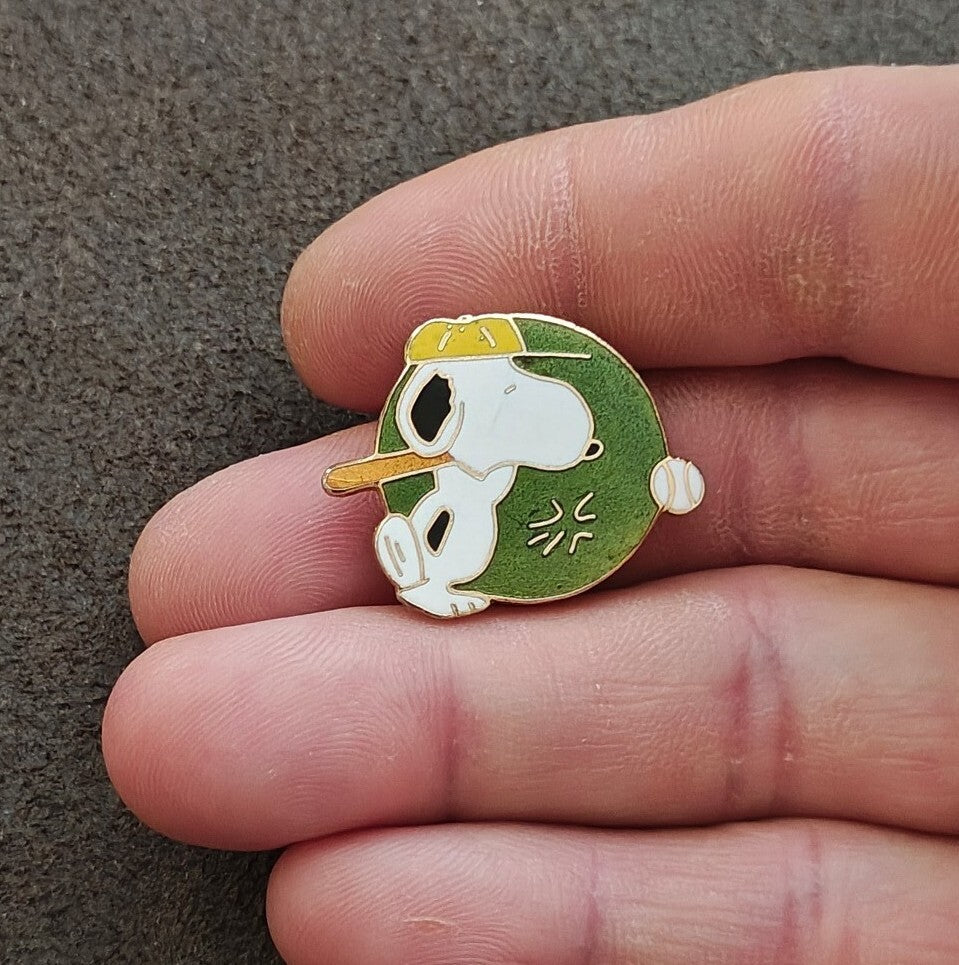 1970s Peanuts Snoopy Baseball Cloisonné Gold Tone Enamel Pin.