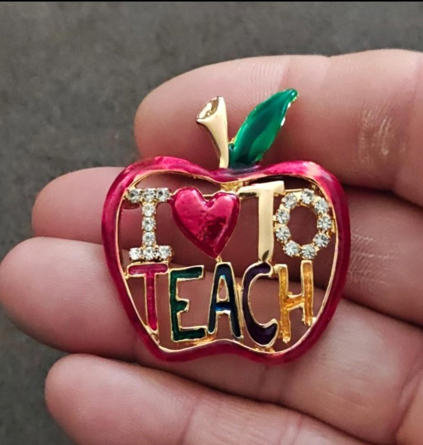 1980s "I Love To Teach" Apple Gold Tone With Rhinestones Enamel Brooch