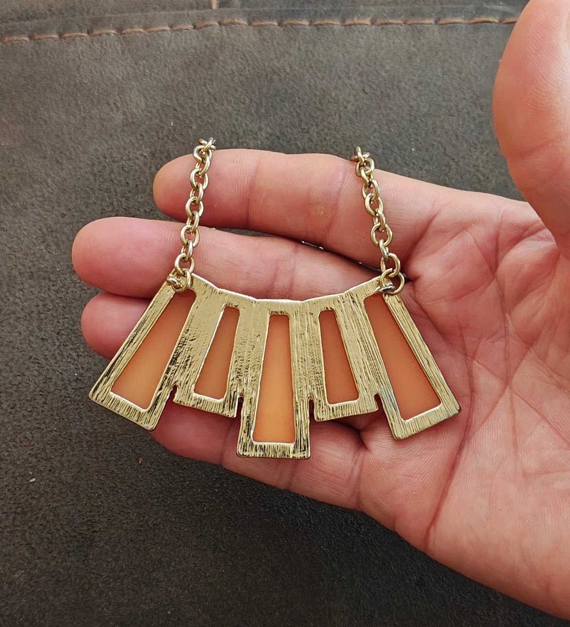 Orange Resin Geometric Bib Statement Necklace.