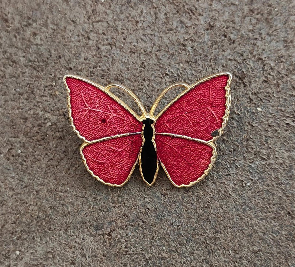 Red butterfly enamel brooch with gold-tone edging and black body, flat on textured surface.