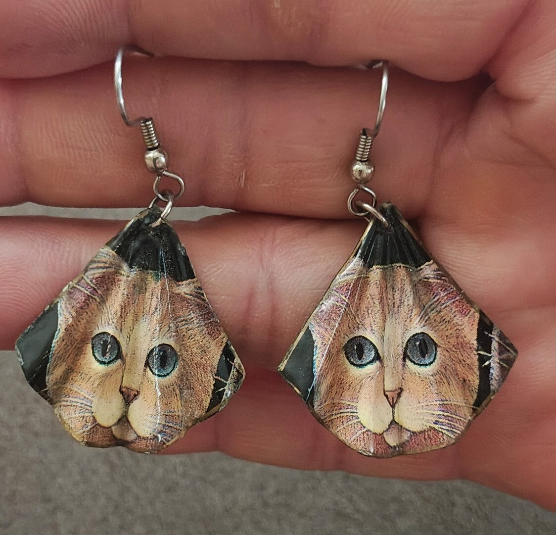 Handmade Cat Face Dangle Earrings Orange Tabby Kitten