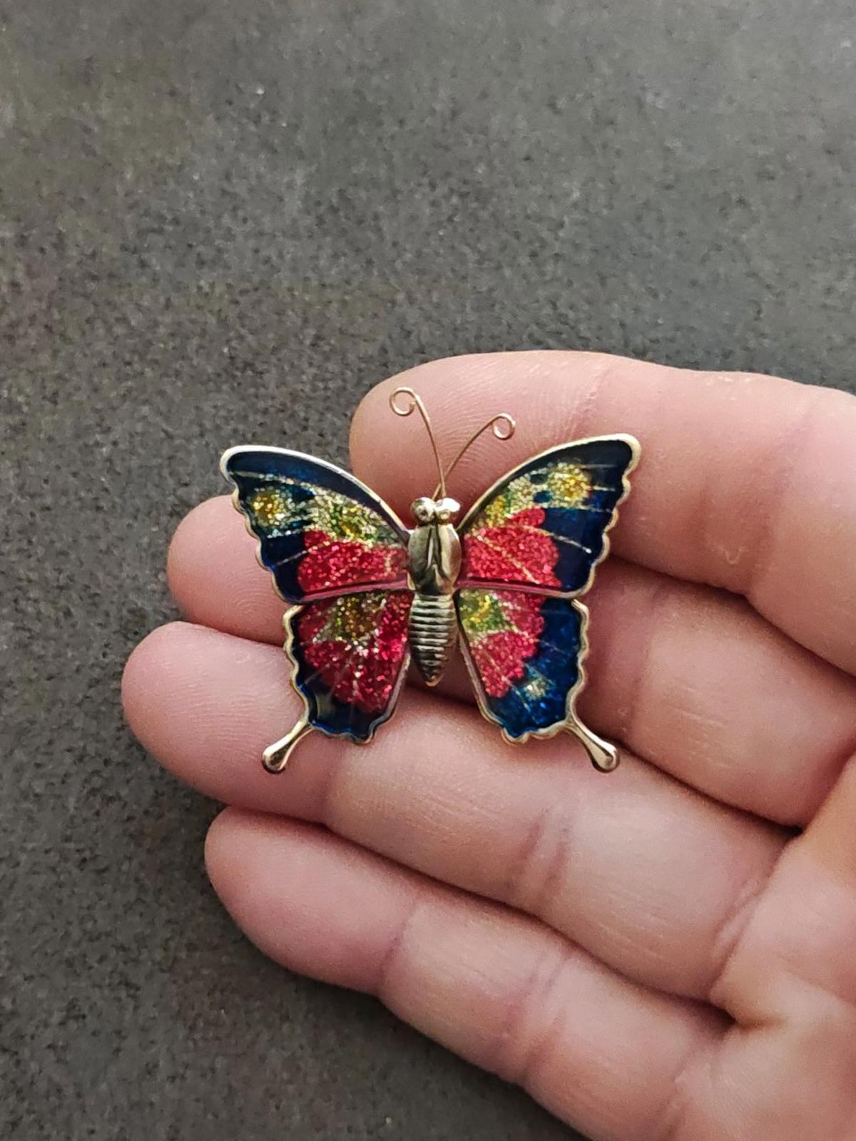 1970s Gold Tone Butterfly With Enamel & Glitter Accents Brooch