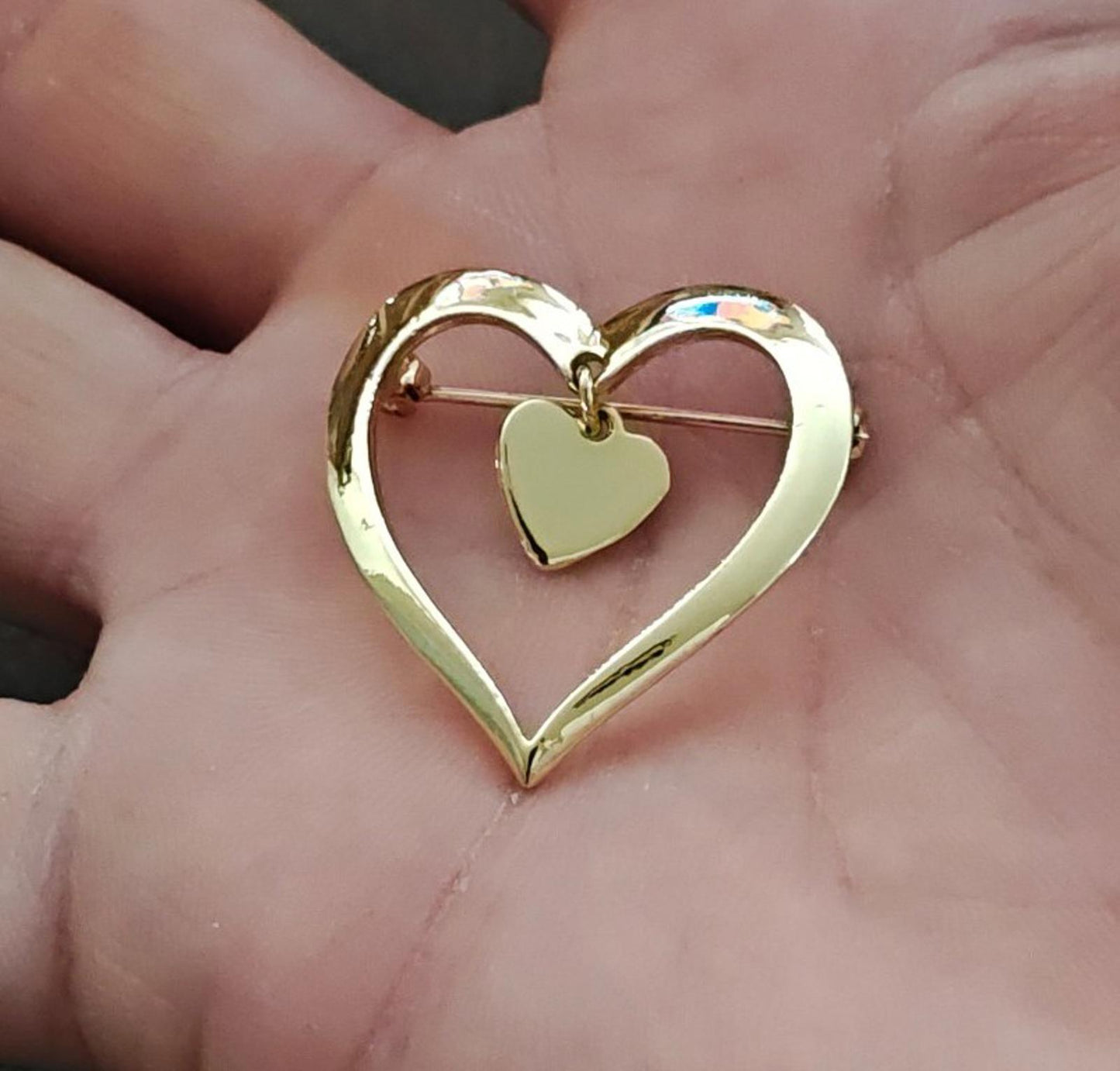 1980s Gold Tone Open Heart With a Smaller Heart Charm Dangle Brooch