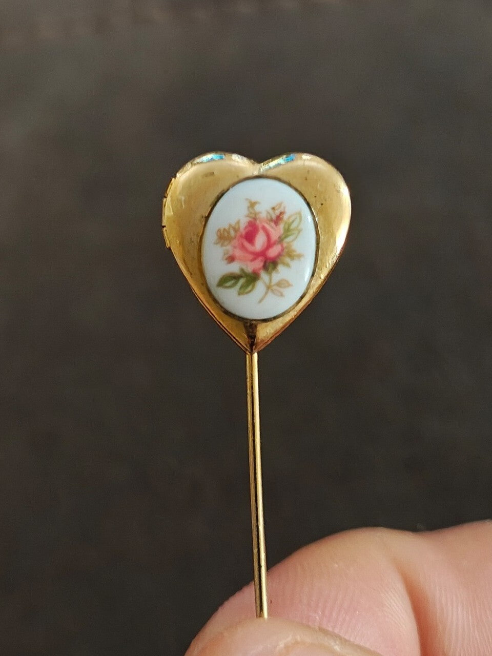 1970s/80s Gold Tone Victorian Revival Style Heart Shaped Floral Locket Stick Pin