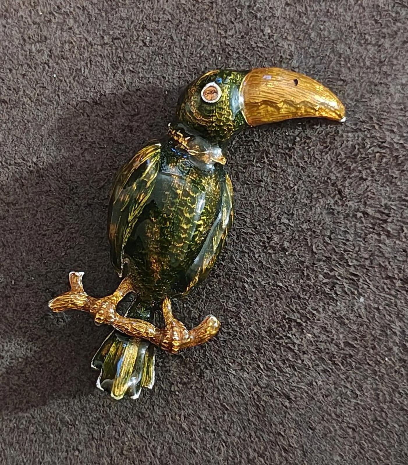 1980's Green And Orange Enamel Toucan Bird With Pink Brooch
