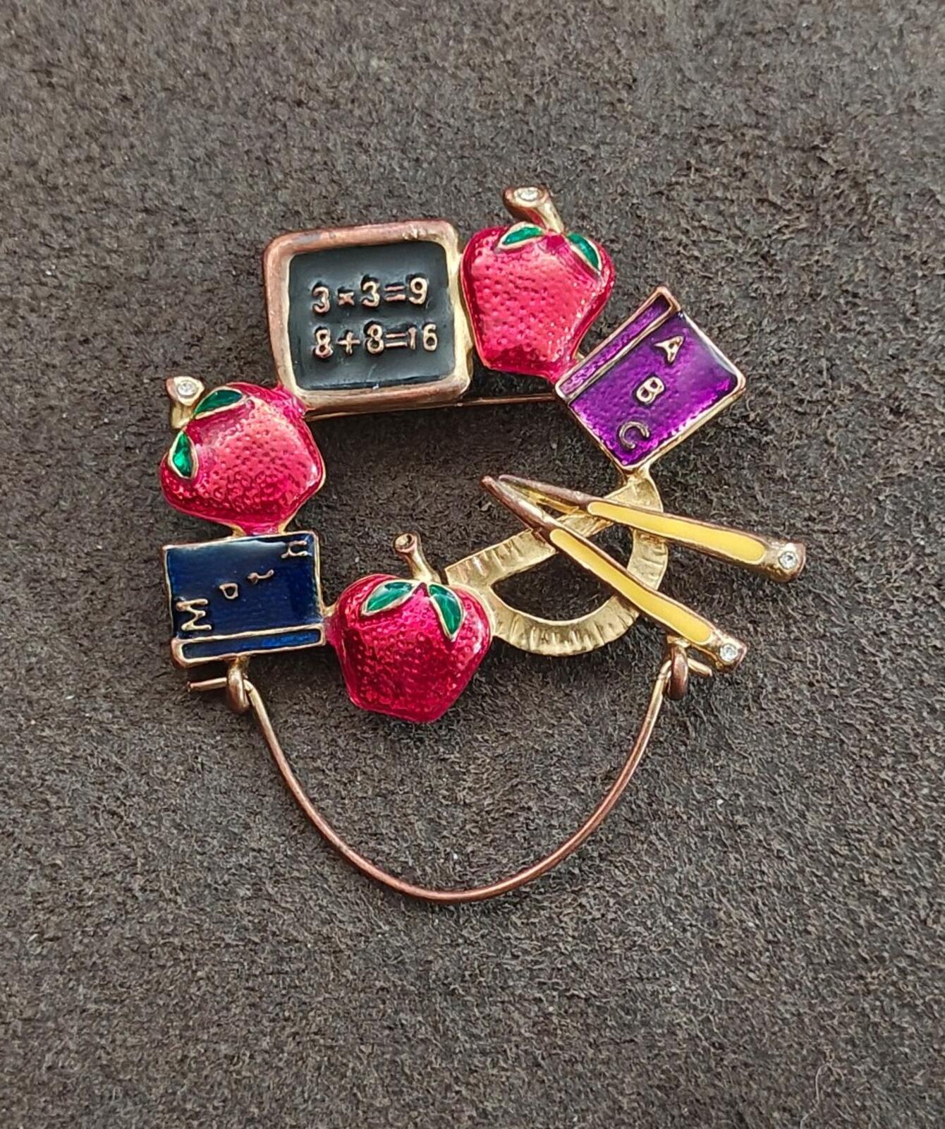 1980s Gold Tone Enamel School Teacher Brooch