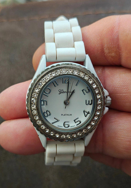 Geneva Platinum White Dial Rhinestone Encrusted White Silicone Band Ladies Watch